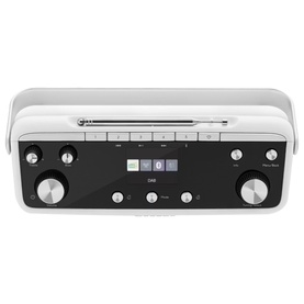 Rock and Dress Blutune 7 Portable Stereo Radio in white, top-down view showing CD slot, display screen, control knobs and buttons
