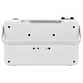 Rock and Dress Blutune 7 Portable Stereo Radio in white, rear view showing connectivity ports and extending antenna