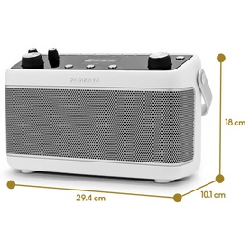 Rock and Dress Blutune 7 Portable Stereo Radio in white with dimensions shown: 29.4cm wide, 18cm tall, 10.1cm deep.