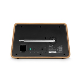 Roberts Reva Bluetooth DAB/FM Radio in Cherry, rear view showing aerial, ports, and controls on black base with wood casing