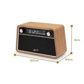 Roberts Reva Bluetooth DAB/FM Radio in cherry wood finish, showing product dimensions: 26.5cm wide, 14.5cm deep, 16cm tall.