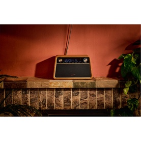 Roberts Reva Bluetooth DAB/FM Radio in brown cherry wood finish, displayed on a stone shelf against a terracotta wall with plant foliage.