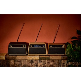 Roberts Reva Bluetooth DAB/FM Radio in brown cherry finish, shown alongside two colour variants on a marble surface