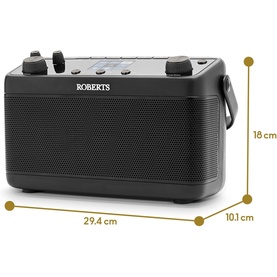 Roberts Stream 219 Internet/DAB+/FM Stereo Portable Radio in black, shown with dimensions: 29.4cm wide, 18cm tall, 10.1cm deep.