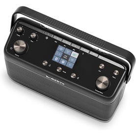 Roberts Stream 219 Internet/DAB+/FM Stereo Portable Radio in black, with carry handle, colour display screen and front-facing speakers.
