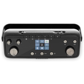Roberts Stream 219 Internet/DAB+/FM Stereo Portable Radio in black, overhead view showing colour screen, controls and CD slot.