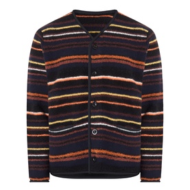 Sacai Black Multi striped wool-blend cardigan with collarless neckline, multicolour horizontal stripes, and button-front fastening