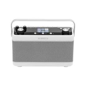Roberts Stream 219 Internet/DAB+/FM Stereo Portable Radio in white, front view showing speaker grille, digital display and control knobs