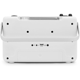 Roberts Stream 219 Internet/DAB+/FM Stereo Portable Radio in white, rear view showing USB port and aerial