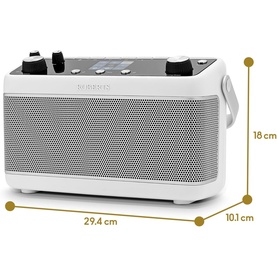 Roberts Stream 219 Internet/DAB+/FM Stereo Portable Radio in white, shown with dimensions: 29.4cm wide, 18cm tall, 10.1cm deep