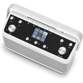Roberts Stream 219 Internet/DAB+/FM Stereo Portable Radio in white, with central colour display, dual speakers and control knobs.