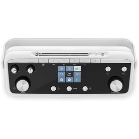 Roberts Stream 219 Internet/DAB+/FM Stereo Portable Radio in white, top-down view showing CD slot, control knobs, and colour display screen.