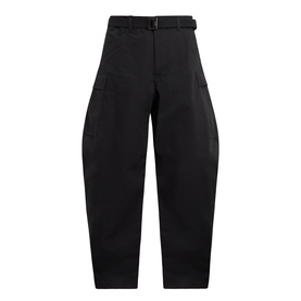 Sacai black cotton-nylon casual trousers with belted waist, curved tapered leg, and side pockets