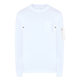Sacai white cotton long-sleeve T-shirt with chest patch pocket and zip utility sleeve pocket