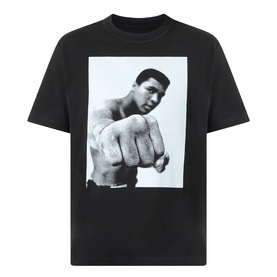SACAI black cotton T-shirt with large monochrome Muhammad Ali fist graphic print on chest, crew neck, short sleeves