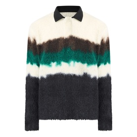 Sacai Black Multi wool polo shirt with tie-dye stripe pattern in cream, brown, teal and charcoal, textured fluffy knit finish