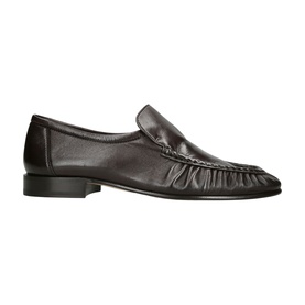 Ganni brown leather loafer with gathered ruched vamp detail and flat heel, side profile view