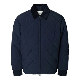 Selected Bryce Quilted Jacket in Sky Captain navy, diamond quilting, corduroy spread collar, ribbed cuffs, two-way zip fastening