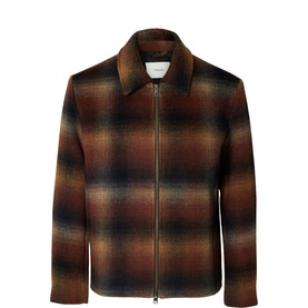 Selected Casual Jacket in Monks Robe black and sand plaid check, zip-front, spread collar, wool-blend fabric