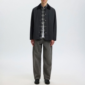 Model wearing Selected Dark Shadow Casual Jacket with corduroy collar, styled with check shirt and taupe trousers