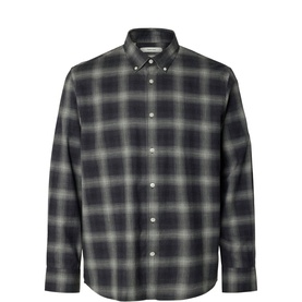 Selected dark grey melange check casual shirt with button-down collar and chest pocket, long sleeves, relaxed fit