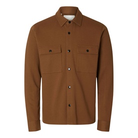 Selected toffee casual shirt with chest button-flap pockets and snap button fastening, long sleeves, spread collar