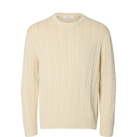 Selected crew neck knit jumper in Birch, featuring cable-knit texture and ribbed hem and cuffs