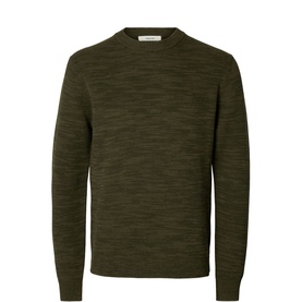Selected crew neck knit in Forest Night Kalamata Twist, dark olive marl texture, ribbed collar, cuffs and hem