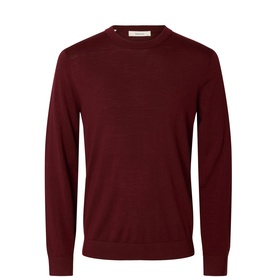 Selected Tray Knitted Sweater in Tawny Port, crew neck merino wool jumper with long sleeves and ribbed cuffs