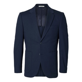 Selected dark navy suit jacket with notch lapels, two-button fastening, and welt pockets. Slim fit with navy lining.