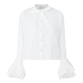 Sister Jane white cotton blouse with pussy bow tie, pintuck front, button placket, and tiered lace bell cuffs
