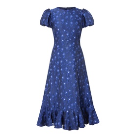 Sister Jane navy star-print midi dress with puff sleeves, sweetheart neckline, and tiered ruffle hem