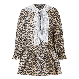 Sister Jane mini dress in multi leopard print with white lace collar and ruffle hem, long sleeves