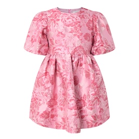 Sister Jane pink floral jacquard dress with puff sleeves, fitted waist, and full skirt