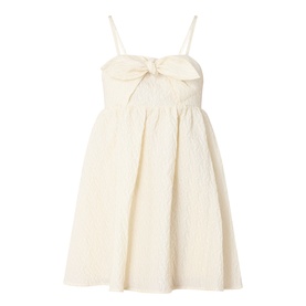 Sister Jane Honey Jacquard Mini Dress in cream, bow-detail squared neckline, spaghetti straps, flared jacquard skirt