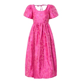 Sister Jane pink jacquard midi dress with puff sleeves, square neckline, empire waist, and open tie back