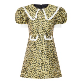 Sister Jane Dress in olive floral print with white Peter Pan collar, puff sleeves, and bow-trimmed pockets, A-line mini silhouette