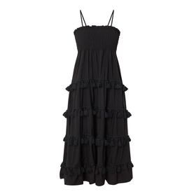 Sister Jane Sandstone Tassel Tiered Dress in black, elasticated shirred bodice, adjustable cami straps, tiered midi skirt with tassel trims