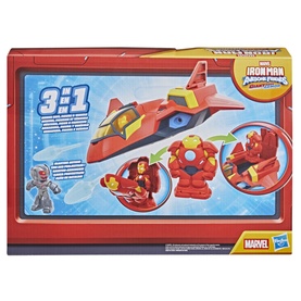 Superheroes Iron Man 3-in-1 red multi toy set with jet, figure, and launcher, in Marvel branded packaging