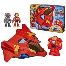 Superheroes Iron Man toy set with red jet vehicle, two mini figures and fist accessory, multi-coloured Marvel themed playset