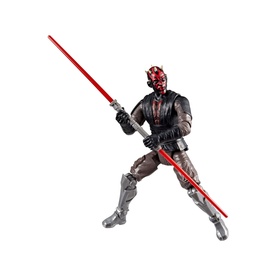 Superheroes action figure of a red and black Sith warrior holding a double-bladed red lightsaber, in dynamic battle pose