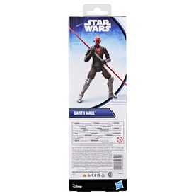 Star Wars Darth Maul action figure in black and red outfit, shown on back of packaging with red lightsaber