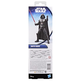 Star Wars Darth Vader action figure in black outfit with red lightsaber, shown in front of branded packaging box
