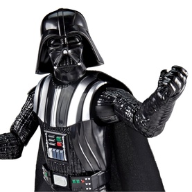 Superheroes Darth Vader action figure toy in black with detailed armour, chest panel, helmet and cape, fist raised pose