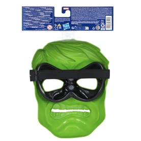 Superheroes green Hulk face mask toy with black eye surround, shown from reverse with packaging details visible