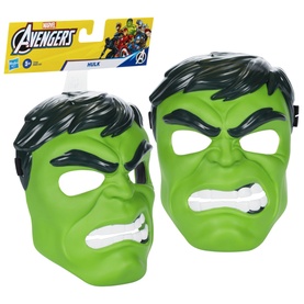 Marvel Avengers Hulk green plastic face mask toy, shown front and side view on product packaging