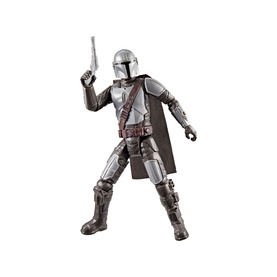 Superheroes action figure in silver Mandalorian armour with cape, raising weapon, multi-coloured articulated collectible toy