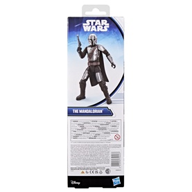 Star Wars The Mandalorian action figure in silver armour, shown on back of packaging with character details and product information