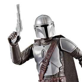 Superheroes Star Wars The Mandalorian action figure in silver beskar armour, holding blaster, with brown leather strap detail