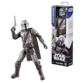 Star Wars Titan Series The Mandalorian action figure in silver beskar armour with cape, shown beside its packaging box